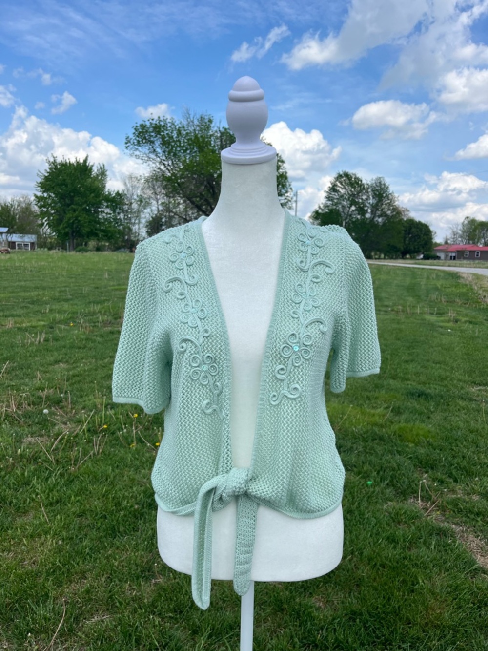 Vintage 90s Alfred Dunner mint green crochet sequin tie front cardigan